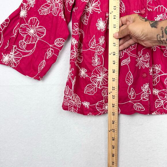 JH Collection XL Pink White Embroidered Floral Button Up Woman's Bell Slv Blouse - Picture 9 of 9